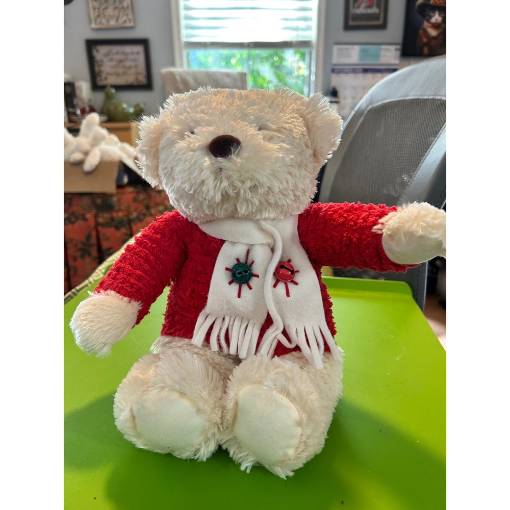 Hallmark Holiday Teddy Bear Plush Cream Red Sweater White Scarf Jingle Bells 10"
